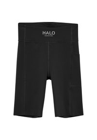 Svarta badshorts tillverkade av stretchigt tyg, med en bred midja och en sidoficka. Sömdetaljer längs benen.