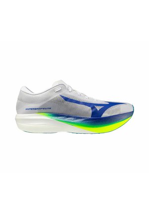 Scarpa da corsa bianca con logo blu, suola sfumata blu-verde-gialla e testo "HYPERWARP ELITE" sul lato, mostrata di profilo sinistro.
