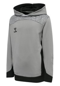 Ljusgrå hoodie med en texturerad design, med en svart huva och nederkant. Har ett bikakestrukturmönster på axlarna och en logotyp på framsidan.
