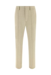 Pantalon beige à coupe slim avec plis avant, passants pour ceinture et fermeture avant dissimulée.