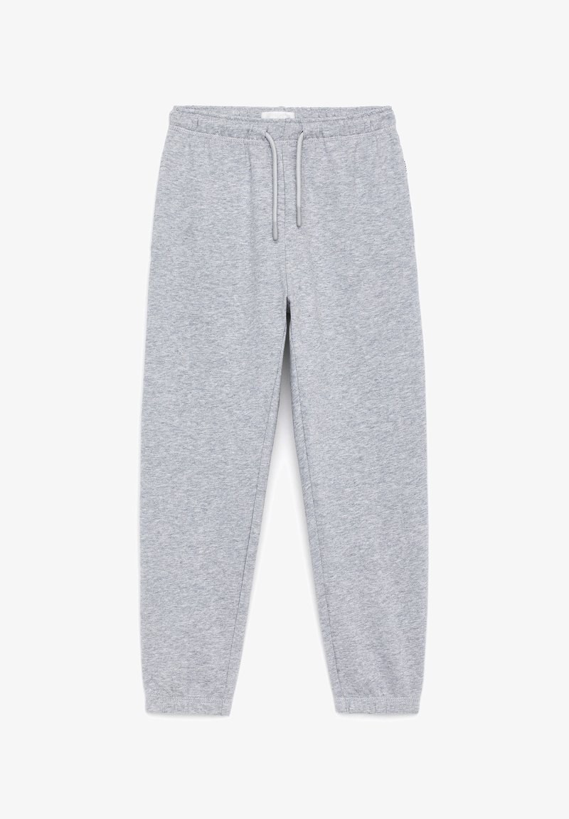 Jogging gris clair avec taille élastique, cordon de serrage et poignets élastiques, en tissu doux.