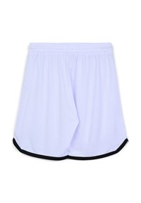 Shorts in rete viola chiaro con orlo nero. Presentano una comoda cintura elastica e una vestibilità ampia per garantire libertà di movimento.