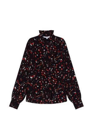 Zwarte blouse met lange mouwen, met een abstract patroon in rood en wit, hoge hals, losse pasvorm en textuurstof.