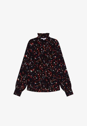 Zwarte blouse met lange mouwen, met een abstract patroon in rood en wit, hoge hals, losse pasvorm en textuurstof.