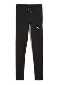 Fekete sport leggings húzózsinórral ellátott derékkal, két elülső zsebbel és egy fehér Puma logóval a bal oldalon. Sima, rugalmas anyag.