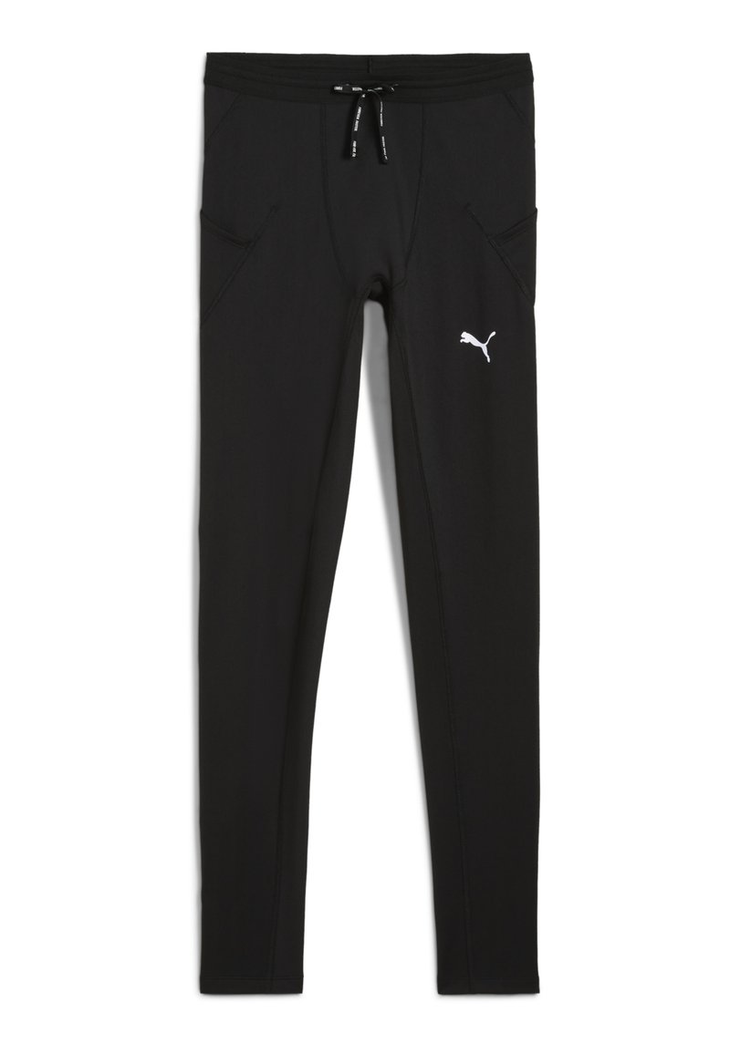 Fekete sport leggings húzózsinórral ellátott derékkal, két elülső zsebbel és egy fehér Puma logóval a bal oldalon. Sima, rugalmas anyag.