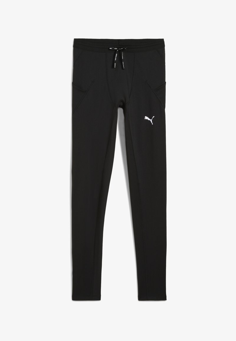 Leggings desportivos pretos com um cós elástico ajustável, dois bolsos frontais e um logo da Puma branco no lado esquerdo. Tecido liso e elástico.