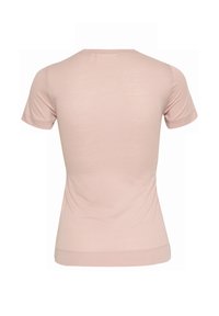 T-Shirt mit kurzen Ärmeln und Rundhalsausschnitt in zartem Rosa, mit glatter Textur und figurbetontem Design, ohne auffällige Muster oder Verzierungen.