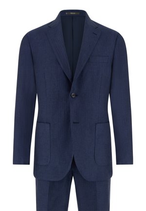 Donkerblauw single-breasted herenjasje met inkeping revers, twee voorzakken met klep, sluiting met één knoop en een borstzak met bies.