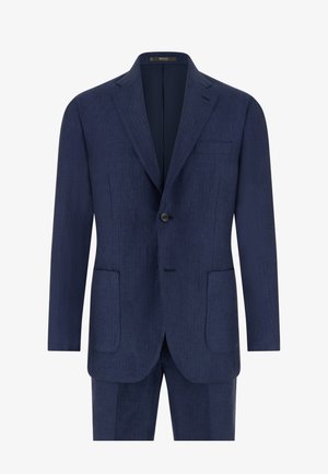 Donkerblauw single-breasted herenjasje met inkeping revers, twee voorzakken met klep, sluiting met één knoop en een borstzak met bies.
