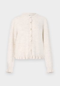 Cardigan beige claro con cuello redondo, siete botones, puños con volantes y un dobladillo con forma de concha. Hecho de material de punto suave y texturizado.