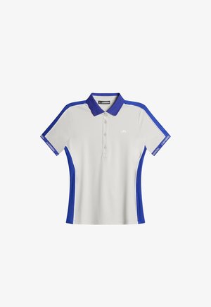 Polo shirt gemaakt van lichtgewicht stof, met een grijze body en blauwe accenten op de mouwen en kraag, voorzien van een drieknoopsluiting en een logo.