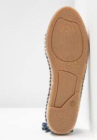 Semelle d'une espadrille bleue montrant une semelle en caoutchouc texturée, taille 37, avec la mention "Made in Spain".