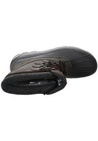 Brauner wasserdichter Winterstiefel mit einer Gummisohle, strukturiertem grauem Filzfutter und Schnürdesign. Verfügt über eine abgerundete Spitze und robuste Sohle.