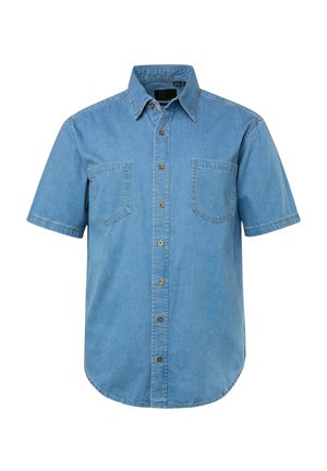 Koszula z krótkim rękawem z denimu w jasnoniebieskim kolorze, z dwoma kieszeniami na piersi, zapięciem na guziki z przodu oraz klasycznym kołnierzykiem. Wykonana z miękkiej, teksturowanej tkaniny denimowej.