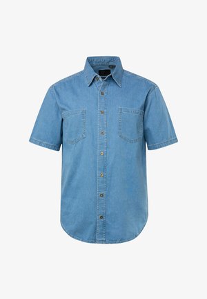 Koszula z krótkim rękawem z denimu w jasnoniebieskim kolorze, z dwoma kieszeniami na piersi, zapięciem na guziki z przodu oraz klasycznym kołnierzykiem. Wykonana z miękkiej, teksturowanej tkaniny denimowej.