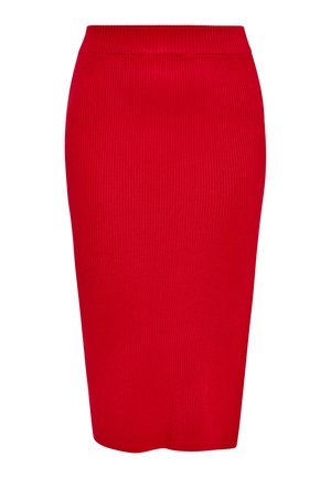 Červená plisovaná midi sukně s elastickým pasem a upnutým střihem, hladkou texturou a délkou ke kolenům.