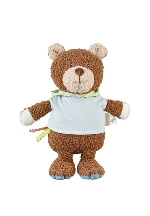 Brown teddy bear with curly fur wearing a light blue shirt and striped collar, standing upright on a white background.
