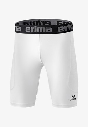 Shorts de sport blancs avec une taille élastique noire portant le nom de la marque "erima" en gris. Texture lisse avec un design ajusté.