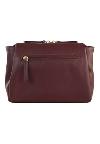 Borsa di pelle bordeaux con chiusura a zip, dotata di una tasca frontale con zip. Texture liscia e inserti in metallo color oro.