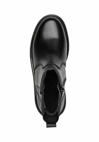 Schwarze Leder Chelsea-Boots mit glatter Oberfläche, elastischen Seiteneinsätzen, Reißverschluss, abgerundeter Spitze und schwarzer strukturiertem Sohle.