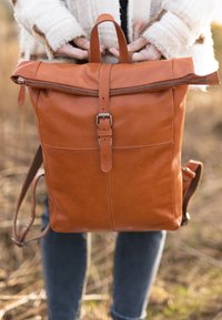 Rudas odinis kuprinis krepšys su sukimo viršumi, uždarytas sagtimi. Yra šoninė užtrauktukas, reguliuojamos petnešos ir lygi tekstūra.