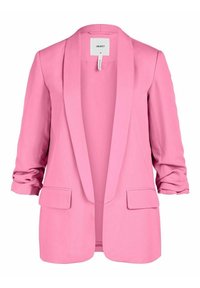 Roze blazer met een sjaalkraag, open voorkant en lange mouwen. Voorzien van twee voorzakken en een gladde stoftextuur.