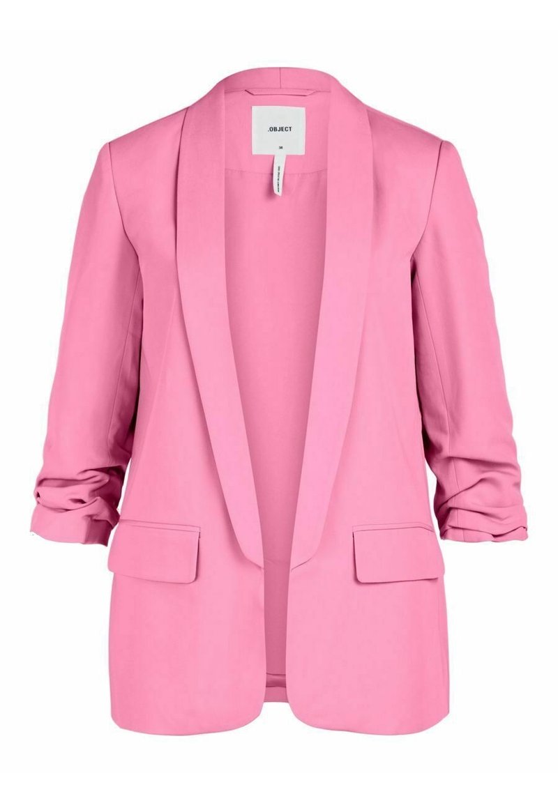Roze blazer met een sjaalkraag, open voorkant en lange mouwen. Voorzien van twee voorzakken en een gladde stoftextuur.
