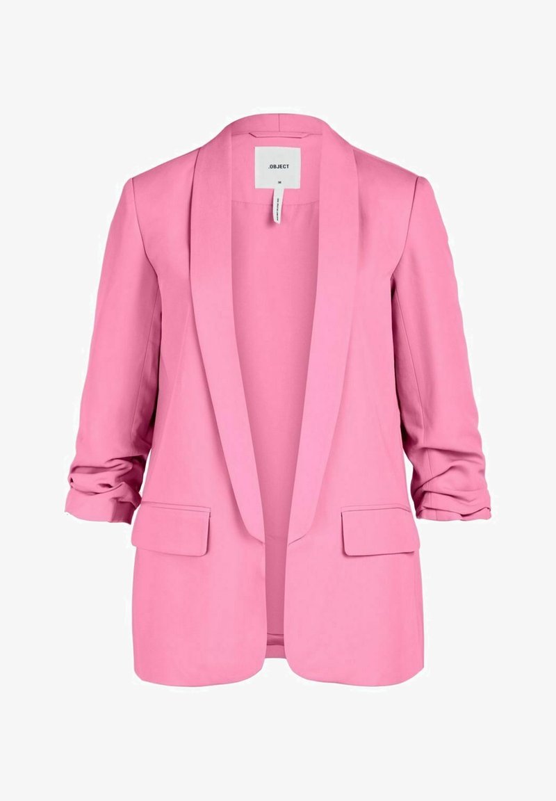 Roze blazer met een sjaalkraag, open voorkant en lange mouwen. Voorzien van twee voorzakken en een gladde stoftextuur.