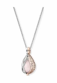 Roségold- und Silberanhänger mit einem pinken Stein, filigranem Design und kleinen klaren Akzenten an einer Silberkette.