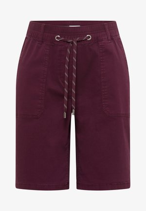 Burgundy drawstring shorts with elastic waistband and front patch pockets, metal-tipped drawcord ends.