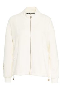 Giacca bianca con zip, colletto alto, maniche lunghe e dettagli con cordino all'orlo. Presenta elementi in metallo dorato sulla cerniera e sui polsini.