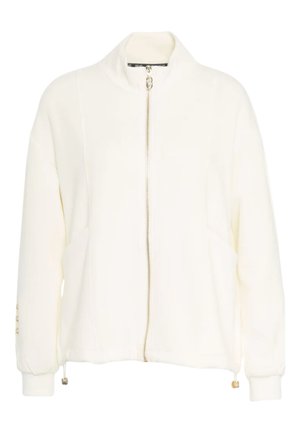 Giacca bianca con zip, colletto alto, maniche lunghe e dettagli con cordino all'orlo. Presenta elementi in metallo dorato sulla cerniera e sui polsini.