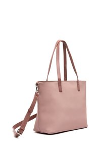 Lyserød, syntetisk læder tote taske med to skulderremme og en aftagelig rem. Glat tekstur, rektangulær form og minimalistisk design.