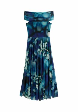 Maxi-jurk met blote schouders in blauwtinten met abstract bloemenpatroon en geplooide rok, aansluitend lijfje en brede, gevouwen halslijn.