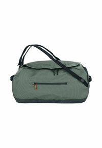 Green duffel bag with a textured surface and black accents, featuring top handles, a detachable shoulder strap, and a zippered front pocket.