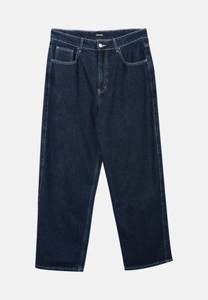 Pantaloni din denim albastru închis, cu un design drept, cinci buzunare și cusături albe contrastante de-a lungul cusăturilor și taliei.