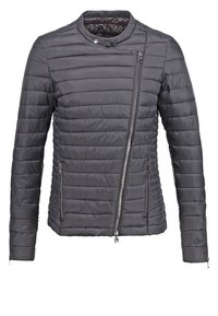 Veste matelassée gris foncé avec fermeture éclair diagonale à l'avant, col montant avec boutons-pression, deux poches zippées et manches jusqu'aux poignets.