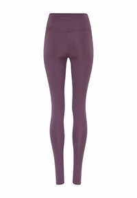 Kõrge vöökohaga, õmblusteta lilla retuusid V-kujulise vöödetaili ja kitsas lõikega, mis ulatuvad kuni pahkluudeni.