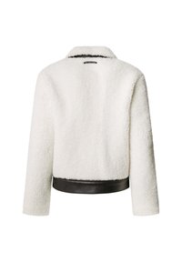 White faux fur jacket with a black leather hem, cropped design, and a collar. Back view shows texture and stitching details on the fabric.