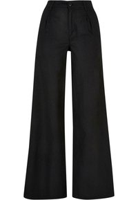 Pantalon noir taille haute à jambes larges, fermeture devant par bouton et zip, passants pour ceinture et plis subtils à l'avant.