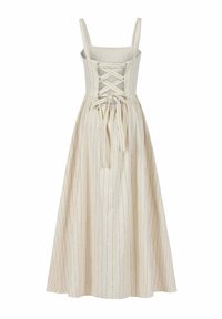 Langes, hellfarbenes Kleid aus strukturiertem Stoff mit vertikalen Streifen, das über einen quadratischen Ausschnitt, verstellbare Träger und einen geschnürten Rücken verfügt.