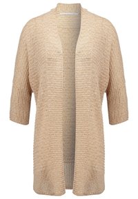 Beżowy sweter dzianinowy z otwartym przodem, krótkimi rękawami, teksturowanym wzorem i lekkim materiałem. Posiada prążkowane akcenty na krawędziach.