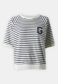 Kortärmad randig t-shirt i vitt och marinblått, med en rund halsringning, raglanärmar och en broderad logotyp på bröstet.