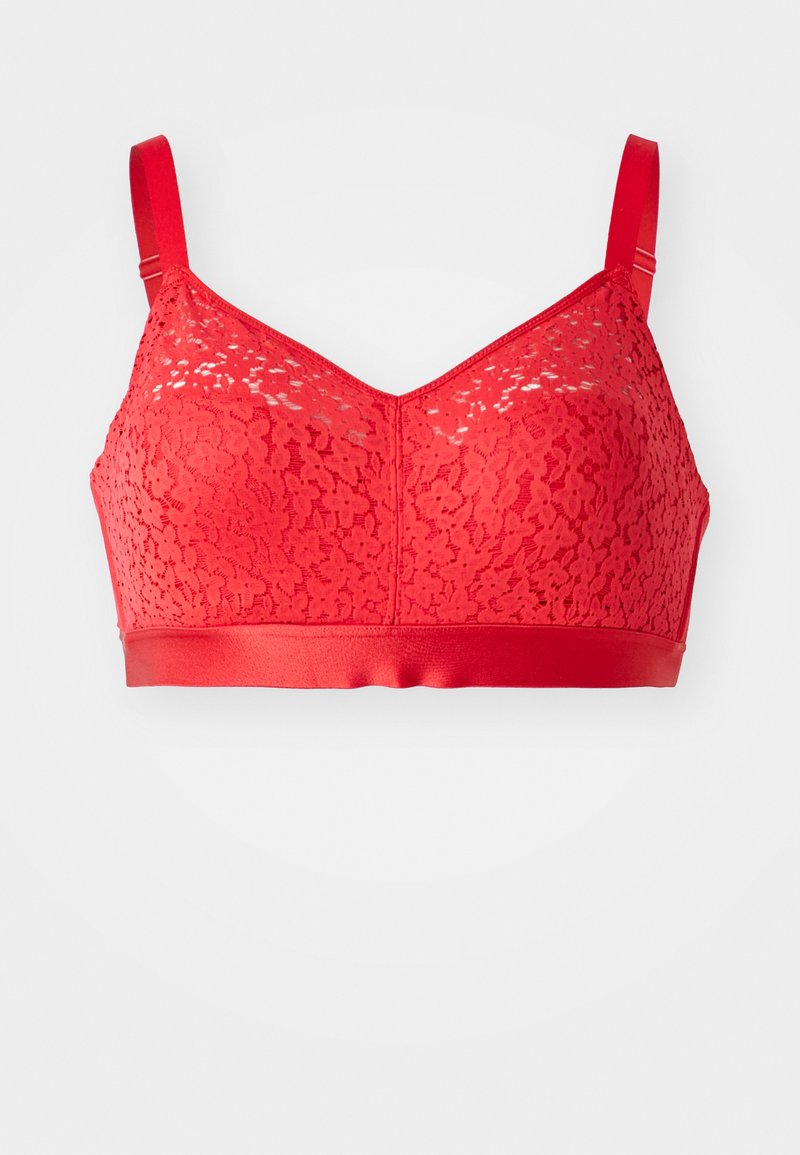 Bralette de encaje rojo con una banda de satén suave. Presenta tirantes ajustables y un diseño de escote en V. Superficie de encaje texturizado con patrones florales.