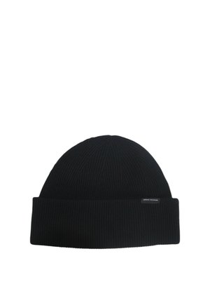 Berretto nero a coste, realizzato in tessuto a maglia. Presenta un risvolto e un piccolo logo sul davanti. Texture liscia su tutta la superficie.