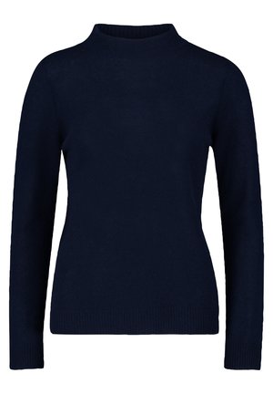 Granatowy sweter z długim rękawem wykonany z dzianiny, z półgolfem oraz ściągaczami na mankietach i brzegu, przedstawiony na białym tle.