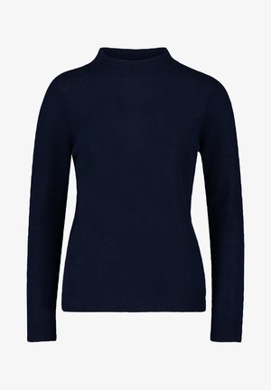 Granatowy sweter z długim rękawem wykonany z dzianiny, z półgolfem oraz ściągaczami na mankietach i brzegu, przedstawiony na białym tle.
