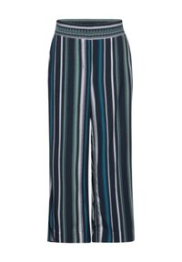 Spodnie typu wide-leg w paski w kolorze granatowym, zielonym i białym. Posiadają elastyczny pasek w talii z ozdobnym wykończeniem. Wykonane z lekkiego materiału, o luźnym kroju.