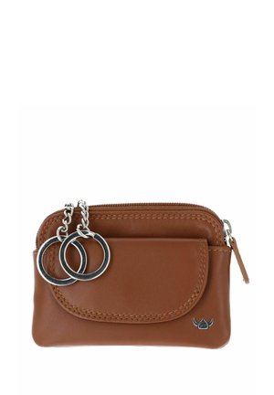 Brown leather coin pouch with front flap pocket, zipper closure, and two silver key rings attached by chains.